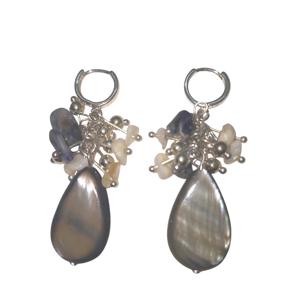 Mother of Pearl Teardrops Stone Chip Clusters Earrings Silver Tone
